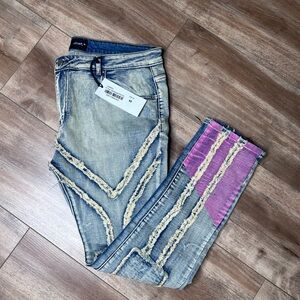 Men’s Blue and Pink Distressed Jeans, size 40 tags still attached